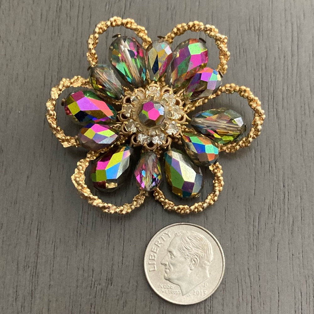 Mid Century Aurora Borealis Floral Cluster Vintage Antique Brooch - Picture 4 of 4